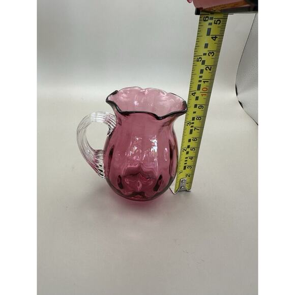 Pilgrim Cranberry Glass Creamer Pitcher Hand Blown Ruffled Top Applied Handle 4” - Picture 4 of 7